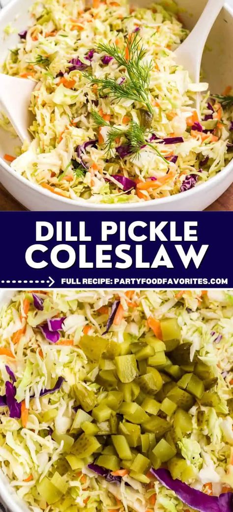 Dill Pickle Coleslaw Pickle Slaw Recipe, Dill Pickle Coleslaw, Pickle Coleslaw, Sweet Dill Pickles, Party Food Favorites, Classic Coleslaw, Kosher Pickles, Garlic Dill Pickles, Kosher Dill Pickles