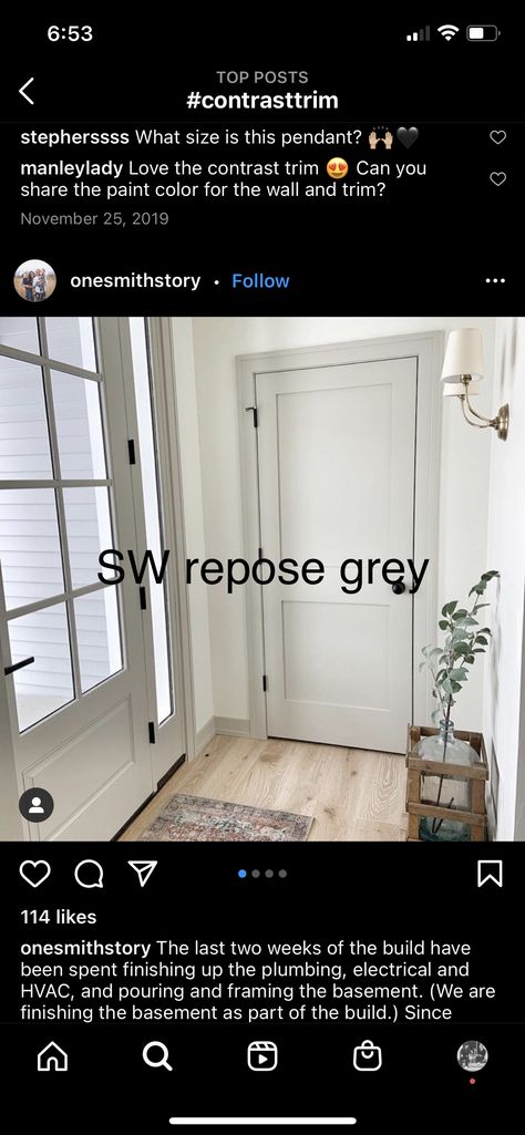 Repose Gray Doors And Trim, White Walls Grey Trim Kitchen, Repose Gray Trim And Doors, Repose Gray Interior Doors, Repose Gray Doors, Repose Gray Trim, Gray Trim White Walls, Contrasting Trim Paint, Wall Paint Combination