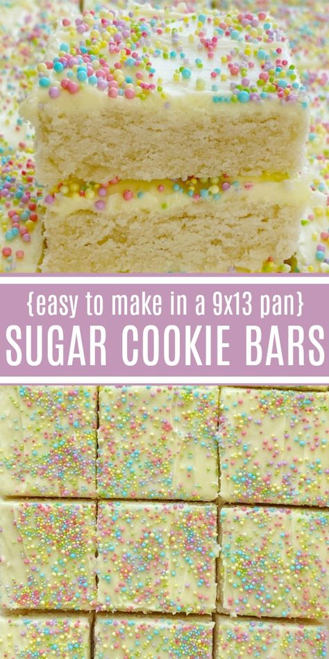 Not Too Sweet Frosting, Sugar Cookie Bars Recipe, Easter Cookie Bars, Birthday Desert, Sugar Cookie Bar Recipe, Cookie Bars Easy, Easy Bar Recipes, Dessert Squares, Sugar Cookie Cakes