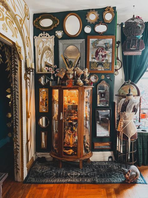 Victorian Gallery Wall, Victorian Birdcage, Curio Wall, Maximalist Apartment, Antique Curio Cabinet, Couch Wall, Maximalist Bedroom, Globe Bar, Curio Cabinet Decor