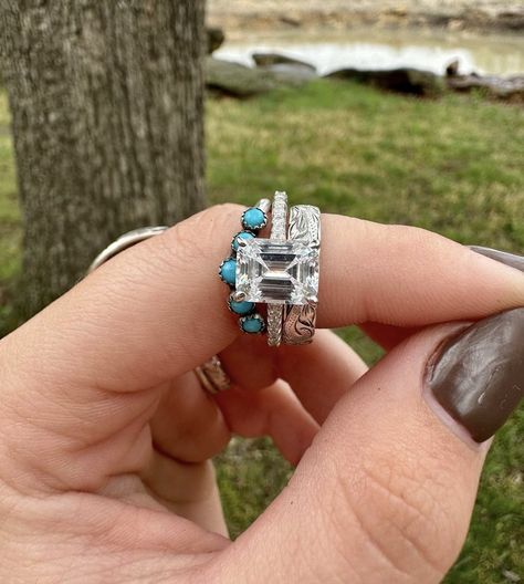 Wedding Ring With Turquoise Stacker, Emerald Cut Engagement Ring With Turquoise, Big Western Wedding Rings, Oval Western Wedding Rings, Western Engagement Rings Turquoise Wedding Bands, Wedding Rings Western Style, Wedding Ring With Turquoise Band, Engagement Rings Western Style, Western Turquoise Wedding Ring