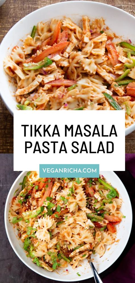 Part healthy salad, part comforting pasta, this Tikka Masala Pasta Salad recipe has everything you love about your favorite Indian curry in one bowl. Serve fresh or make ahead for an easy vegan meal, and enjoy either warm or cold. Indian Pasta Salad, Curry Pasta Salad, Masala Pasta, Vegan Tikka Masala, Pasta Salad Dressing, Instant Pot Cookbook, Fresh Salad Recipes, Cold Pasta Salad, Pasta Salad Recipe