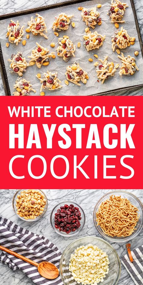 No-Bake Haystack Cookies -- made with just four ingredients and ready in 10 minutes (plus cooling time), these salty-sweet haystack cookies, filled with white chocolate, salted dry roasted peanuts, chow mein noodles, and dried cranberries, are sure to be a holiday (and every day) hit! | haystack cookie recipe | ting-a-lings recipe #haystackcookies #cookies #cookierecipes #christmascookies #christmas #peanuts Haystack Cookies, Shortbread Bites, Hot Chocolate Fudge, New Year's Desserts, Vegan Candies, Trifle Desserts, Slow Cooker Desserts, Food Stamps, Winter Desserts