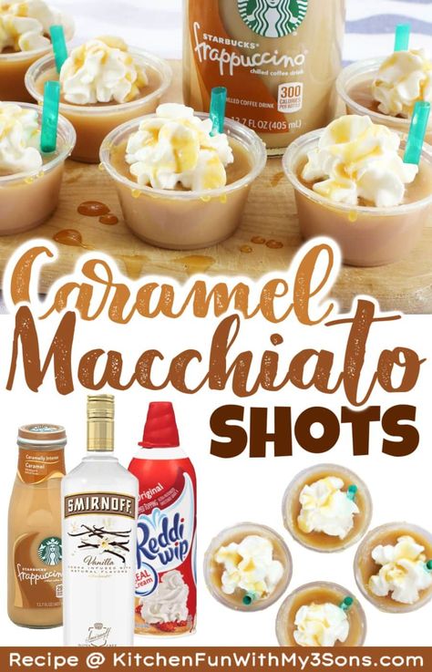 Any kind of get-together, party, or special occasion needs these Starbucks Caramel Macchiato Shots! They are a gelatin mixture of caramel Frappuccino and vanilla Vodka with whipped cream and caramel syrup drizzled on top. #recipes #drinks Vanilla Vodka Recipes, Starbucks Caramel Macchiato, Salted Caramel Vodka, Vodka Recipes Drinks, Fruity Alcohol Drinks, Frozen Drink Recipes, Caramel Vodka, Caramel Frappuccino, Starbucks Caramel