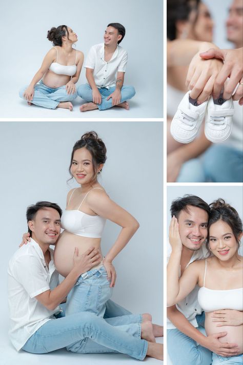 Studio photoshoot maternity denim simple white Maternity Simple Photo Shoot, Denim Pregnancy Photoshoot, Maternity Shoot Outfit, Maternity Studio Photoshoot, Photoshoot Maternity, Maternity Studio, Studio Photoshoot, Simple Photo, Maternity Shoot