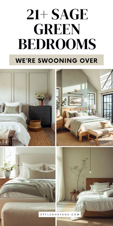 On the hunt for sage green bedroom ideas? These calm sage green bedroom spaces are SO PRETTY - if you love bedroom inspo, these earthy bedroom style spaces are a must-see. (SAVE this sage bedroom inspiration to come back to for later!) (aka cozy bedroom ideas) Natural Green Room Aesthetic, Green And Light Wood Bedroom, Green Bedroom Sherwin Williams, Monochromatic Green Bedroom, Sage Guest Bedroom, Sage Bedroom Walls, Neutral Green Bedroom, Japandi Sage Green, Green Themed Bedroom