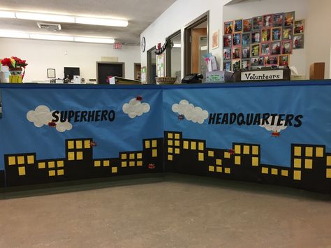 Superhero headquarters - 2017 staff appreciation front office Superhero Theme Preschool, Superheroes Eyfs, Superhero Headquarters, Superhero Teacher Appreciation, Kindergarten Inquiry, Super Hero Day, Superhero Teacher, Role Play Areas, Lobby Decor