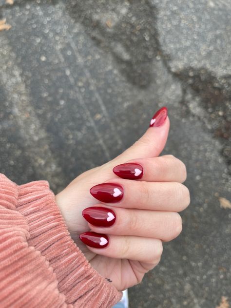 Red With Pink Hearts Nails, Dark Red Nails Valentines, Burgundy Nails Valentines, Dark Red Nails With White Heart, Red Nail With Heart, Red Valentine Day Nails, Pink White Red Nails, Heart Ring Finger Nails, Red Nails With Hearts Valentines