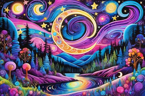 Trippy Desktop Wallpaper, Swirly Clouds, Moon Stars Art, Trippy Designs, Surreal Artwork, Trippy Wallpaper, Unique Drawings, Celestial Art, Rainbow Art