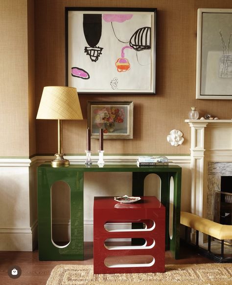 Rita Konig, Side Table Accessories, Small Console Table, Mid Century Console, Bucket Light, Lacquer Furniture, Welcome To My House, The Punch, Night Table