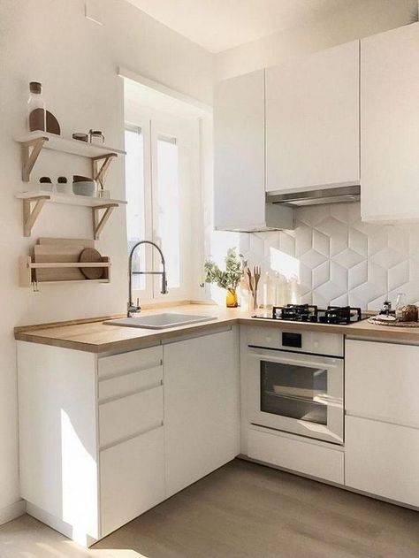 a small white L shaped kitchen with a geometric tile backsplash and open shelves is a lovely and airy space Hiasan Dalaman Dapur, Dapur Moden, Small Kitchen Decoration, Mason Jar Kitchen Decor, Model Dapur, Mason Jar Kitchen, Interior Boho, Ikea Kitchen Design, Desain Pantry