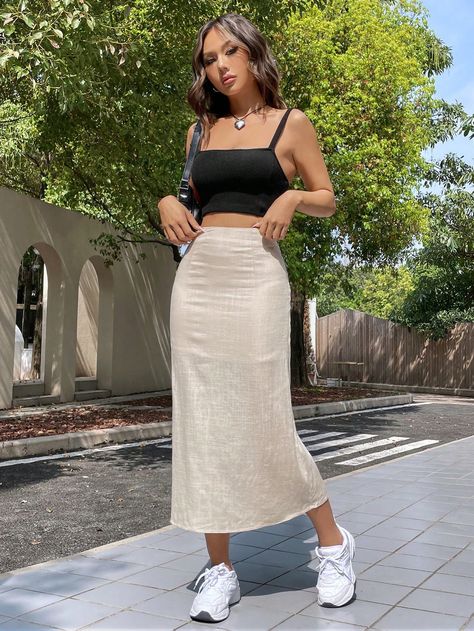 SHEIN EZwear Summer And Linen Blend Lightweight Long Skirt | SHEIN USA Beige Linen Maxi Skirt For Spring, Beige Maxi Skirt For Summer, Beige Long Skirt For Summer, Trendy Beige Summer Skirt, Summer Beige Maxi Skirt, Standing Poses Women, Poses Women, Standing Poses, Summer Fashion Outfits