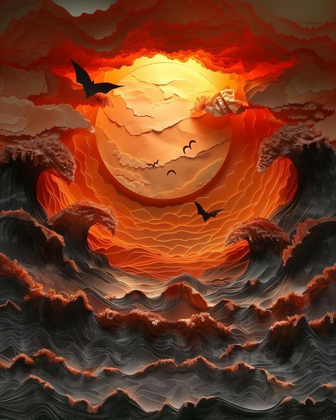 Intricate paper sculpture of a sunset sky. Bats and waves in endless layers. 🦇🌊🌞#paperart #midjouneyart #midjouney #midjouneyartwork #generativeai #midjourneyart #aiart #generativeart Sunset Sky, Paper Sculpture, Generative Art, Tech News, Paper Art, Cool Pictures, Bat, Sculpture, On Instagram