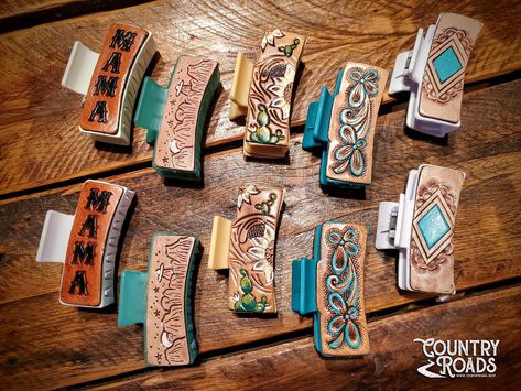 Adorable genuine tooled leather claw clips with western flair! Country Hairstyles, Hair Items, Newnan Ga, Leather Ideas, Hair Claw Clip, Claw Clips, Leather Projects, Hair Stuff, Tooled Leather