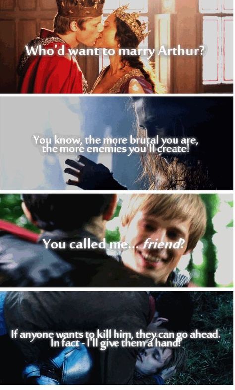 Irony. >>> Yep. Gwen ends up marrying him, Morgana becomes the enemy, Merlin becomes his friend (I mean brother) and Merlin cries when he dies. So much Irony. Arthur Pendragon Merlin, Merlin Quotes, Merlin Morgana, Merlin Show, Poor Things, Merlin Fandom, Arthurian Legend, Merlin Bbc, Merlin And Arthur