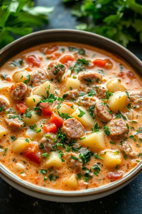 This Creamy Parmesan Italian Sausage Soup is a comforting and hearty dish that combines the rich flavors of Italian sausage, creamy cheeses, and savory herbs. Perfect for cozy evenings, this soup is a delicious blend of savory sausage, tender pasta, and a creamy, cheesy broth that will warm you up from the inside out. With […] Soup Recipes With Ground Sausage, Beef Sausage Soup Recipes, Creamy Parm Italian Sausage Soup, Sausage And Pasta Soup, Creamy Potato Soup With Italian Sausage, Instant Pot Sausage Soup, Crockpot Italian Sausage Soup, Easy Soup Recipes Instant Pot, Spicy Italian Sausage Soup