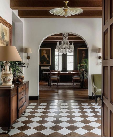 White Tile Floor, Casa Vintage, Black And White Tiles, Pierre Jeanneret, Checkerboard Pattern, Dream House Interior, Entry Way, Floor Patterns, Dream House Decor