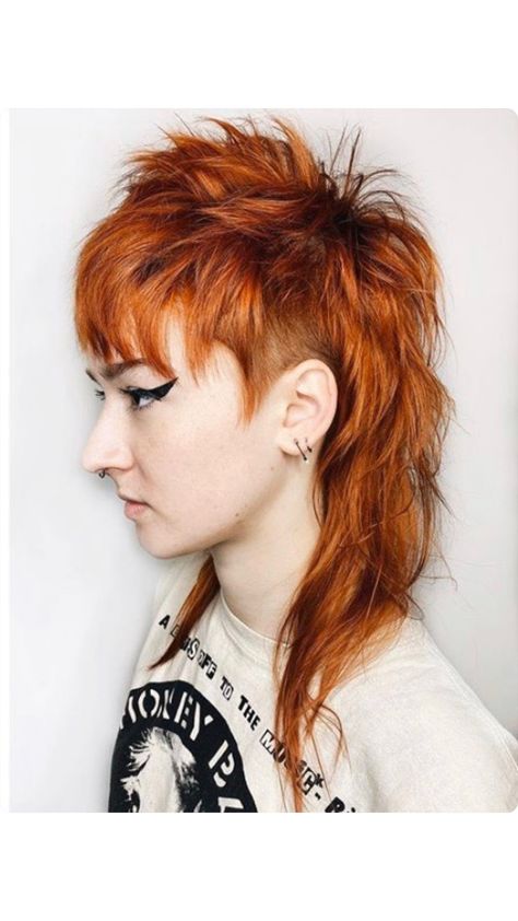 Modern Punk Hairstyles Women, Spiky Mullet Women, Shag Haircut Shaved Sides, Copper Mullet Hair, Fukuhilla Hair, Long Deathhawk, Shag With Shaved Sides, Mohawk Mullet Woman, Womens Mullet Hairstyles