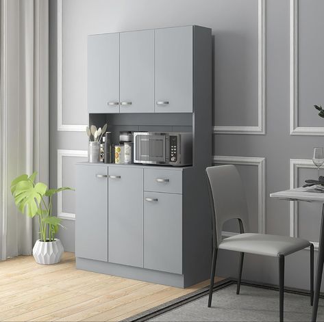 71" Freestanding Buffet with Hutch, Kitchen Storage Cabinets, Pantry with 6 Doors, 3 Adjustable Shelves, and Drawer for Living Room, Gray #kitchen #storage #modern #homedesign Kitchen Standing Cabinet, Buffet With Hutch, Kitchen Storage Cabinets, Free Standing Kitchen Cabinets, Organiser Cucina, Microwave Cabinet, Buffet Hutch, Pantry Storage Cabinet, Modern Buffet