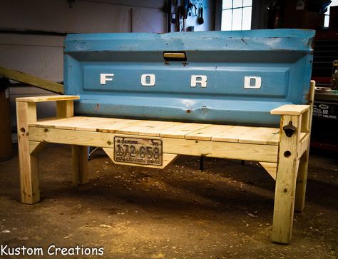 Benches made from old truck tailgates. Reclaimed lumber is used whenever possible. 100% treated lumber or cedar so perfect for an outdoor space or in a den or man cave!! mpkfam@msn.com or 701-840-2226 for more information Truck Tailgate Bench, Tailgate Bench, Car Part Furniture, Automotive Furniture, Truck Tailgate, Car Furniture, Tail Gate, Bozeman Mt, Old Truck