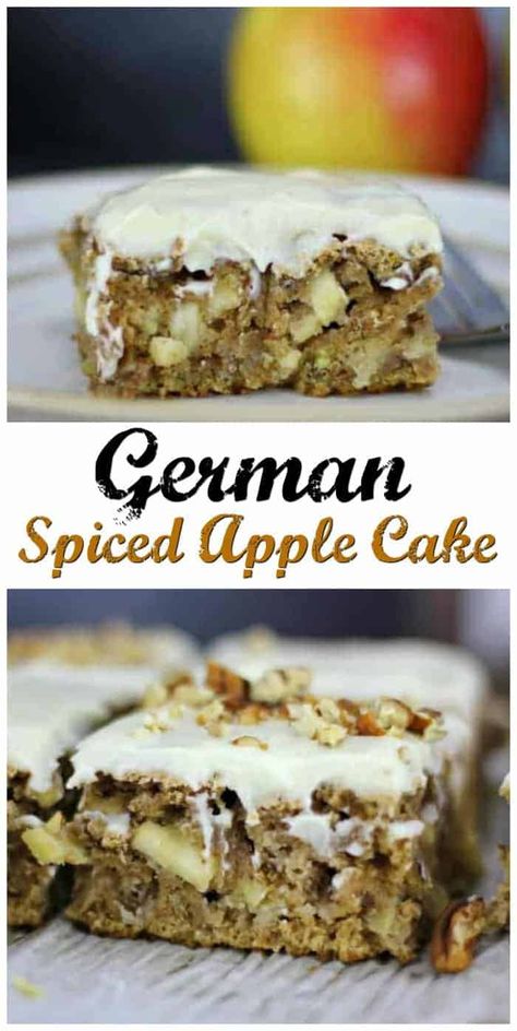 German Spiced Apple Cake with Cream Cheese Frosting is definitely one cake you will want to be snacking on over and over again and it's absolutely perfect for the Autumn season. It's a moist, delicious spice cake accompanied with warm, cozy spices of cinnamon and nutmeg, and has a bountiful abundance of mini chunks of apples and pecans baked right in and an awesome cream cheese frosting to make it complete! #apple #germandessert #germanapple #applecake #cake #falldessert #fallcake Apple Cake With Cream Cheese, Spiced Apple Cake, Easy German Recipes, German Apple Cake, German Food Authentic, Apple Cakes, Cream Cheese Frosting Cake, Layered Cakes, German Desserts