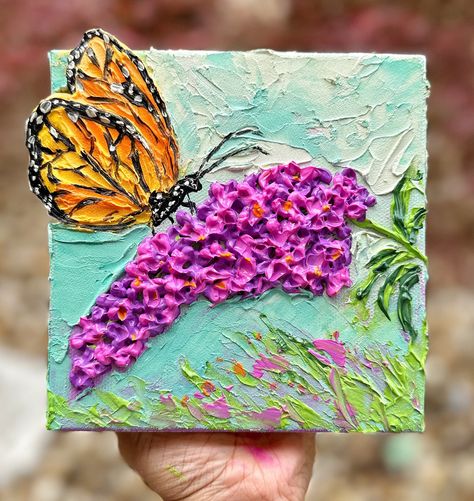 Butterfly On Lavender, Lavender Abstract, Lavender Painting, Mini Artwork, Texture Painting On Canvas, Acrylic Painting Lessons, Colorful Butterfly, Impasto Painting, Handmade Wall Art