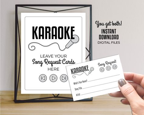 Karaoke Song Request Cards + Display Sign | INSTANT DOWNLOAD Uneditable Digital Files Only | Karaoke Singing Dancing Party Printable Song Request Cards, Cards Display, Name Songs, Song Request, Dancing Party, Karaoke Songs, What Is Your Name, Party Printable, Dance Party