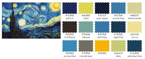 "The Starry Night" color palette Starry Night Sky Van Gogh, Starry Night Different Versions, Starry Night Pallet, Starry Night Color Pallete, Starry Night Color Scheme, Starry Night Wall Painting, Stary Night Color Pallete, Starry Night Colour Palette, Starry Sky Color Palette