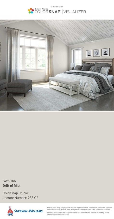 SW 9166 Drift of Mist Sherwin Williams Hinting Blue, Bedroom Paint Colors Sherwin Williams, Drift Of Mist, Bedroom Paint Colors Grey, Paint Colors Sherwin Williams, Blue Bedroom Paint, French Country Bedrooms, Bedroom Wall Colors, Blue Paint Colors