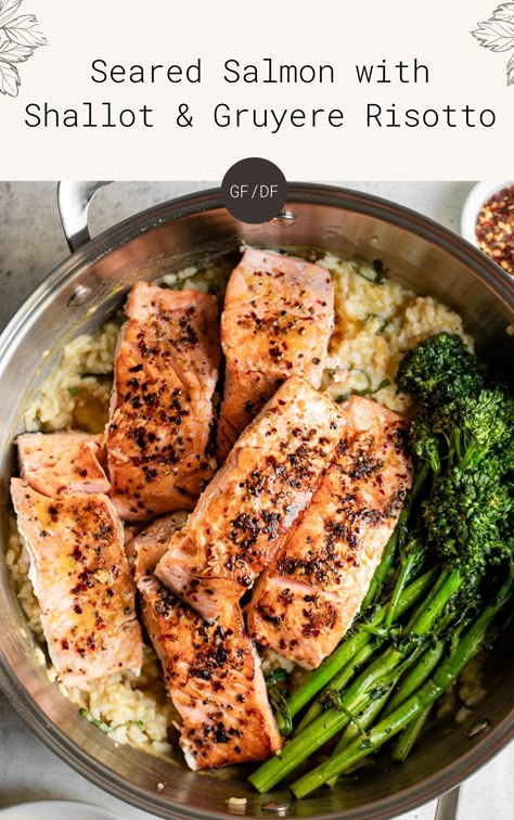 Salmon With Risotto, Gruyere Risotto, Gruyere Cheese Recipes, Cheesy Risotto, Healthy Risotto, Salmon Risotto, Salmon Filets, Roasted Broccolini, Healthy Vegetarian Dinner