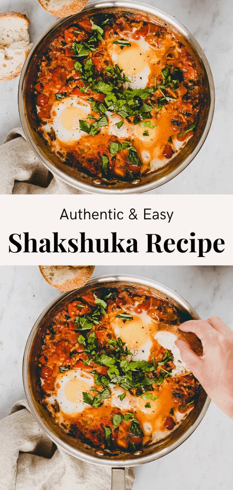 Poached eggs in a tomato sauce with beautiful flavors and a handful of fresh herbs – that’s Shakshuka! Serve it with fresh bread, and you have a wonderful one-pot meal! #shakshuka #recipe #traditional #israeli #easy Shakshuka Recipe, Shakshuka Recipes, Fresh Tomato Recipes, Jewish Recipes, Tomato Recipes, Breakfast Brunch Recipes, Poached Eggs, Breakfast Dishes, Egg Recipes