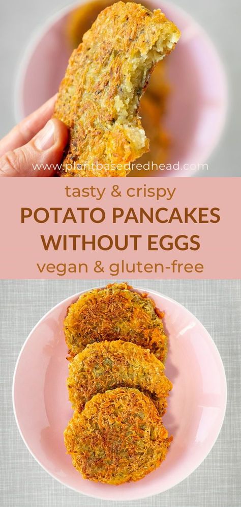 Let me show you how to easily and quickly make gluten-free vegan potato pancakes from raw shredded potatoes, without eggs, flour, onion, and milk (dairy-free), but with two other ingredients that are rather unusual for potato pancakes. Eggless Potato Pancakes, Potato Pancakes Shredded, Potato Flour Recipes, Simple Potato Recipes, Gluten Free Potato Pancakes, Vegan Potato Pancakes, Juice Pulp Recipes, Pulp Recipes, Vegan Potato Recipes