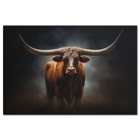 Texas Longhorn (Canvas) – Epic World Art Longhorn Picture Decor, Bull Horns Decor, Rugged Americana, Longhorn Canvas, Realistic Animal Drawings, Horns Decor, Cow Art Print, Bull Painting, Longhorn Cattle