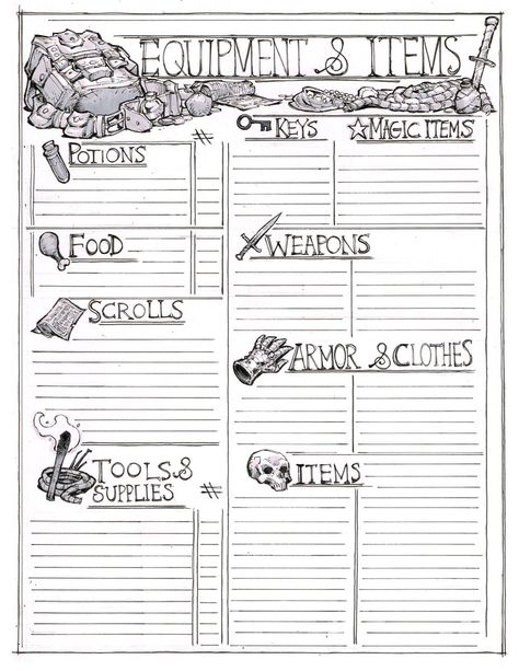 Max Dunbar on X: "Spent way too long today doodling away on this items sheet for my D&D stuff. It's pretty janky, but feel free to use it if you think it would be handy! #dnd https://t.co/j69Ny49l0R" / X Dnd Character Book Diy, Dnd Equipment Sheet, Dnd Sheet Template, Dnd Session Notes Template, Dnd Character Journal Ideas, Dnd Journal Pages, Dnd Character Sheet Printable Free, Dnd Printables Free, Artificer Character Sheet