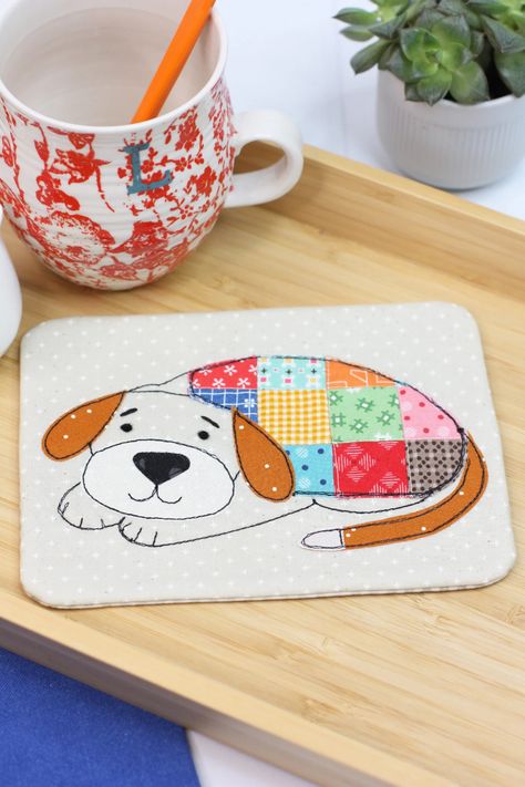 Cosy Canine Coaster Mug Rug - A Spoonful of Sugar Shop Dog Mug Rug, A Spoonful Of Sugar, Candle Mats, Pug Mug, Cat Coasters, Raw Edge Applique, Candle Mat, Dog Mug, Sleepy Cat