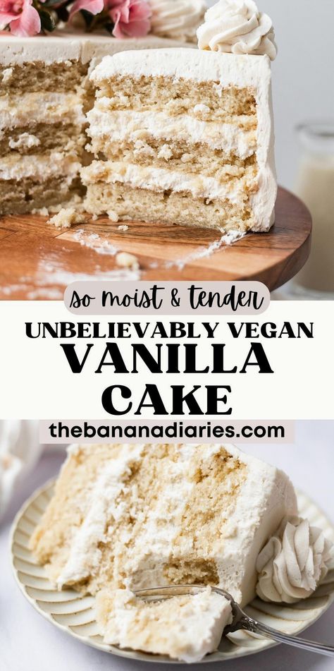 Indulge in this simple yet irresistibly buttery vegan vanilla cake, boasting a tender, moist texture and a rich sweetness that defies its vegan, dairy-free, and gluten-free nature. Surprisingly healthier, this cake wins over everyone, regardless of dietary preferences. With just nine ingredients, it's the ideal choice for celebrating birthdays, graduations, weddings, or any holiday occasion. Vegan Vanilla Birthday Cake, Gluten Free Vegan White Cake, Vegan Cake Vanilla, Vegan Vanilla Wedding Cake, Moist Vegan Vanilla Cake, Dairy Free White Cake Recipe, Vanilla Cake Recipe Vegan, Easy Vegan Vanilla Cake, Gluten Free Dairy Free Soy Free Cake