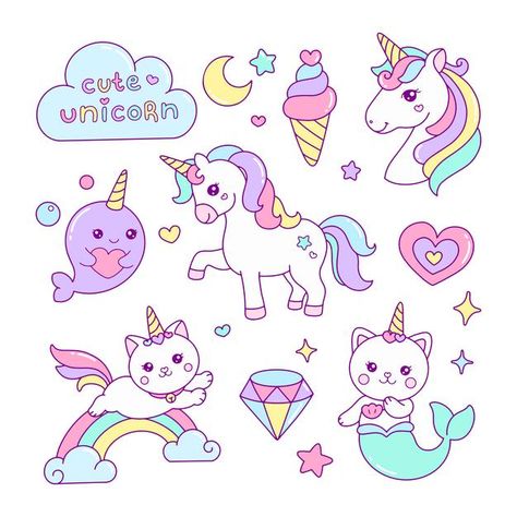 Set of cute unicorn elements illustratio... | Premium Vector #Freepik #vector #background #poster #invitation #baby Cute Rainbow Drawings, Doodle Unicorn, Unicorn Drawings, Aesthetic Wallpaper Hd, Colorful Unicorn, Unicorn Drawing, Rainbow Clipart, Unicorns Clipart, Kawaii Unicorn