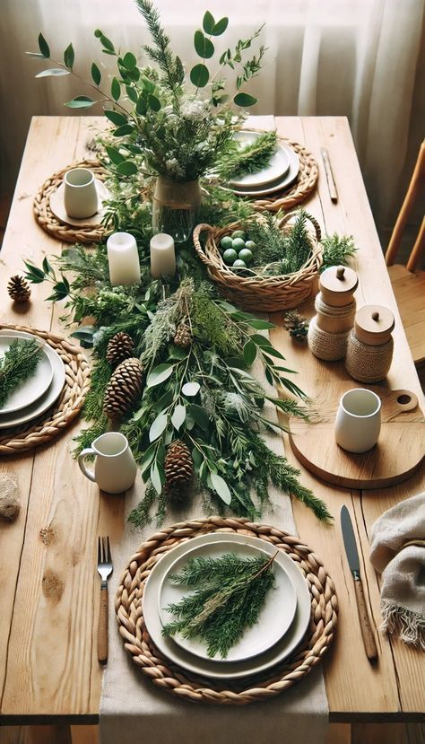 Barn Christmas Table, Earthy Christmas Table Decor, Green And White Thanksgiving Table, Nature Christmas Table Decor, Christmas Table Setting For Large Group, Christmas Table Natural, Eucalyptus Christmas Table, Boho Christmas Table Decor, Natural Christmas Table Decorations