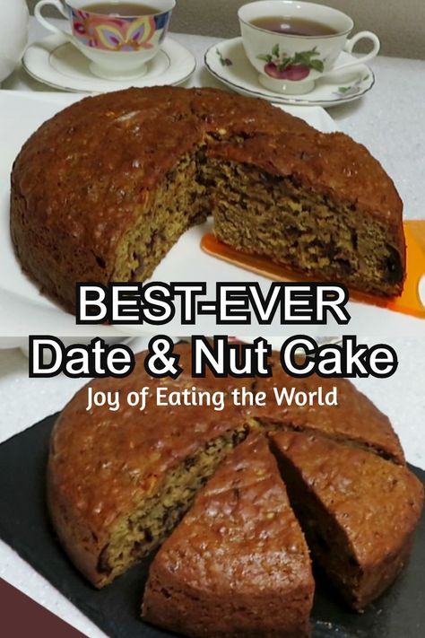 This rich moist dense date & nut cake is both fruity and nutty, packed full of yummy dates and a mix of nuts. Date Nut Cake, Moist Date Cake Recipe, Banana And Date Loaf, Dairy Free Carrot Cake, Date Nut Bread, Raisin Cake, Nut Cake, Nut Bread Recipe, Date Cake