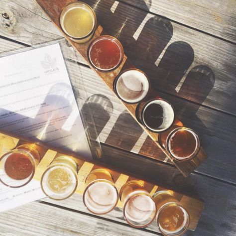 How gorgeous is this shot fo a beer flight at Scratching Brewing Company in Ava? (Photo: Instagramer (at) beerkat710) Beer Asthetic Picture, Flight Boards For Beer, Beer Glass Photography, Brewery Photography, Flight Board, Beer Flight, Sixth Sense, Local Beer, How To Make Beer