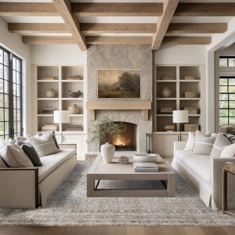 2 Sofas And 2 Chairs Layout, California Decor Style Interior Design, White Oak Beams Living Rooms, Small Living Room With Vaulted Ceiling, Traditional Style Home Interior, Traditional Design Bedroom, White Beams Living Room, Organic Modern Family Room, Narrow Lounge Ideas