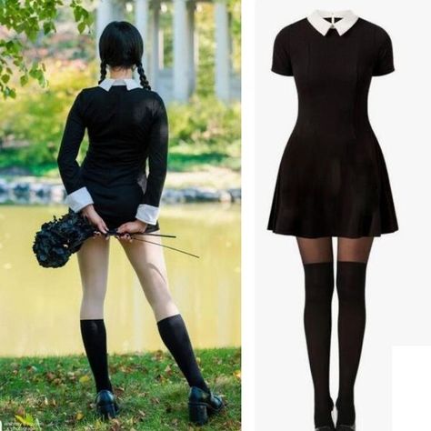 Cryptic Aesthetic, Wednesday Addams Outfit, Black Dress Halloween Costume, Wednesday Addams Cosplay, Wednesday Costume, Horror Cosplay, Wednesday Outfit, Wednesday Addams Costume, Halloweenský Makeup