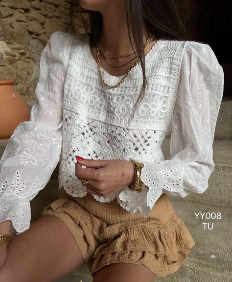 Set of crochet shirt & muslin shorts Sewing Projects Clothes, Crochet Shirt, Cut Work, Peta, Casual Chic, Clothing Store, Fashion Inspo, Style Inspiration, Zara