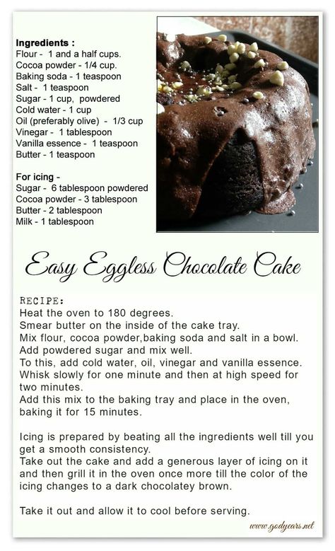 Recipe - Easy Eggless Chocolate Cake | GODYEARS Eggless Cake Recipe Chocolate, Cake Recipes Eggless, Home Made Cake Recipes Easy, Easy Eggless Desserts, Eggless Cakes, Chocolate Cake Recipe Without Eggs, Cake Recipes Without Eggs, Easy Indian Dessert Recipes, Eggless Cookie Recipes