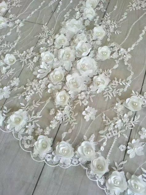 1 Yard High Quality Venice Lace Fabric 3D Floral Ivory Bead Appliqué Patterns, Wedding Dress Design, Lace Diy, Bridal Decorations, Beaded Lace Fabric, Bridal Lace Fabric, Bridal Fabric, Chic Flowers, 3d Rose