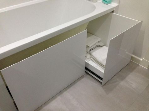 Under Bathtub Storage, Under Tub Storage, Under Bath Storage, Bath Tub Toy Storage Ideas, Bathtub Product Storage, Baby Bath Tub Storage, Convert Bathtub To Storage, Kids Bathtub Storage, Bath Panel Storage