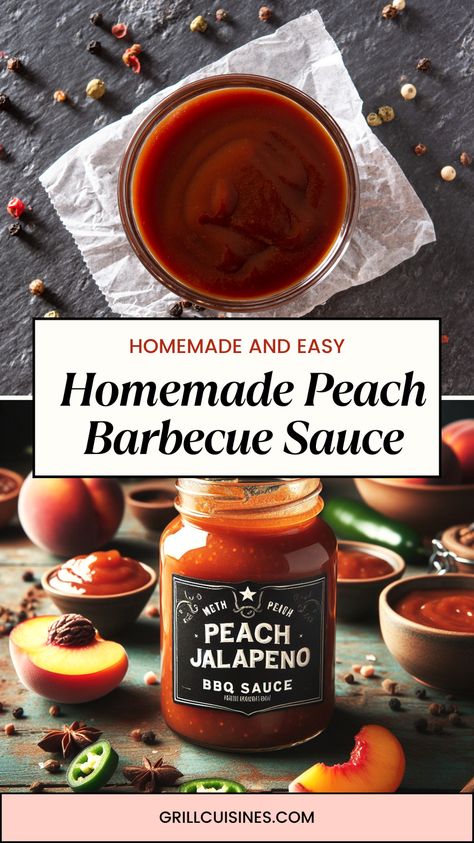 This recipe for homemade peach jalapeno BBQ sauce recipe is perfect for grilled meat, ribs, and chicken. The ripe peaches give it a sweet flavor and combined with tangy flavor of the peppers make it a little spicy. Making your homemade barbecue sauce is a great experience and fun to experiment with different flavors.#HomemadeBarbecueSauceRecipe#PeachBbqSauceRecipe Peach Jalapeno Sauce, Peach Jalapeno Bbq Sauce, Peach Bbq Sauce Recipe Canning, Bbq Sauce For Canning, Peach Bbq Sauce Recipe, Jalapeno Bbq Sauce, Bbq Sauce Recipes, Homemade Barbecue Sauce Recipe, Peach Bbq