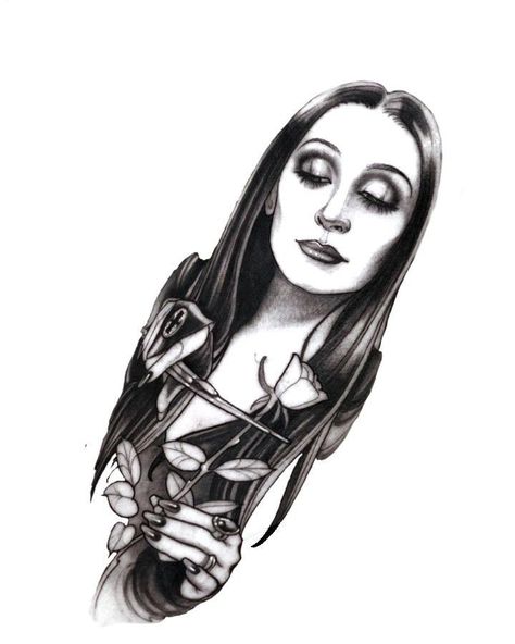 Morticia Addams Rose Tattoo, Morticia Addams Tattoo Design, Adams Family House Tattoo, Morticia Addams Tattoo Ideas, Adam’s Family Tattoo, Morticia Drawing, Feminine Horror Tattoo, Gomez And Morticia Tattoo, Morticia And Gomez Addams Tattoo