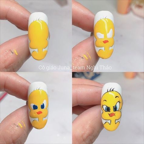 Cartoon Nails Tutorial, Cartoon Nail Designs Step By Step, Nail Art Designs Cartoon, Cartoon Nails Art, Cartoon Nail Art Step By Step, Characters On Nails, Nails With Animals, Cartoon Nails Disney, Nail Art Cartoon Characters