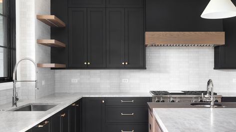 HGTV's Christina Hall's Bold Paint Choice Adds Drama And Contrast To Her Kitchen Reno - House Digest Cherry Wood Kitchens, Black Modern Kitchen, White Granite Countertops, Cylinder Pendant Light, Black Kitchen Cabinets, New Kitchen Cabinets, Cabinet Style, Black Cabinets, Kitchen Reno